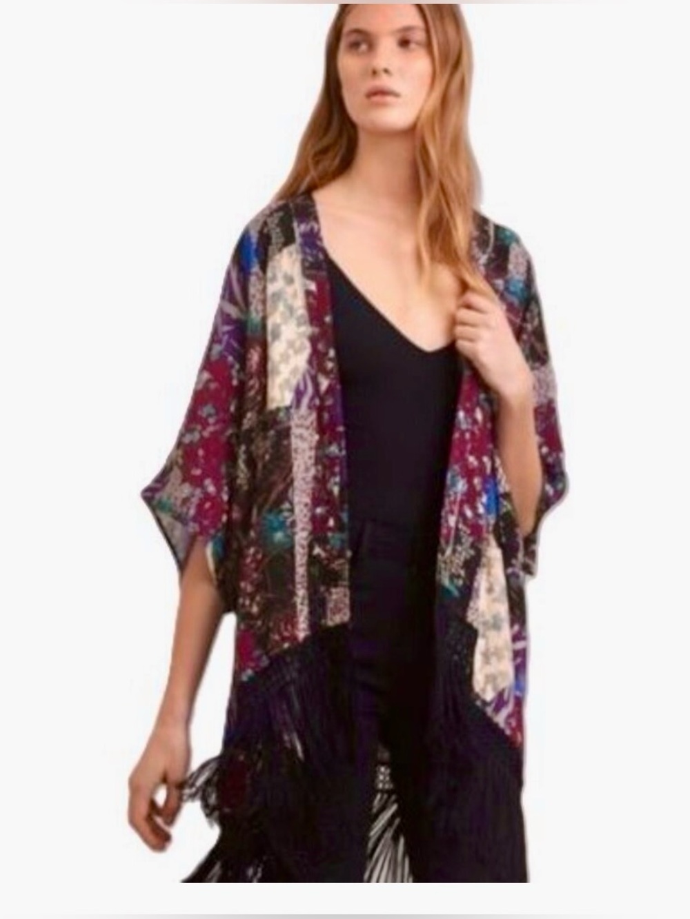 Aritzia Talula Fawkner Patchwork Floral Fringe Kimono S/M